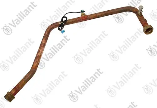 Vaillant Rohr mit angeschlossenem Strömungsschalter, gebogenes Metallrohr mit zwei Anschlussenden, sichtbar rostige Oberfläche und Kabelverbindung.
